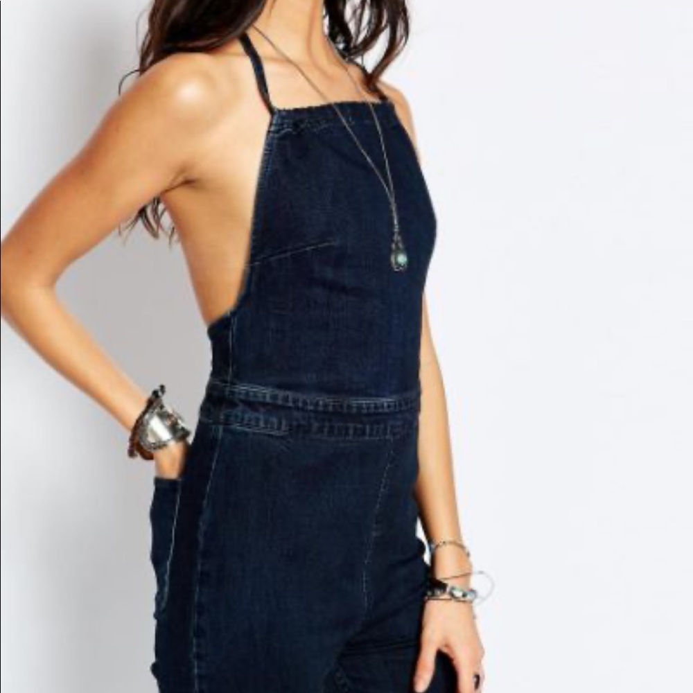 Free People denim Hearts on Fire halter jumpsuit